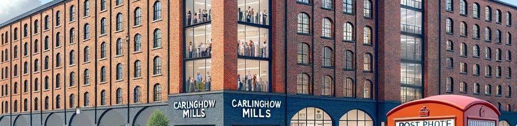 Photo of a vibrant business community in Carlinghow Mills, West Yorkshire, UK. Diverse groups of people are networking outside a modernized red brick