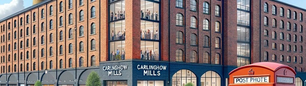 Photo of a vibrant business community in Carlinghow Mills, West Yorkshire, UK. Diverse groups of people are networking outside a modernized red brick