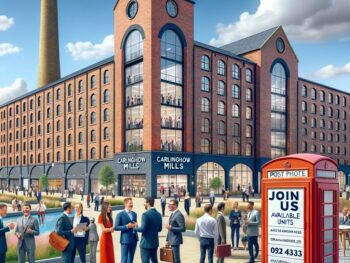 Photo of a vibrant business community in Carlinghow Mills, West Yorkshire, UK. Diverse groups of people are networking outside a modernized red brick